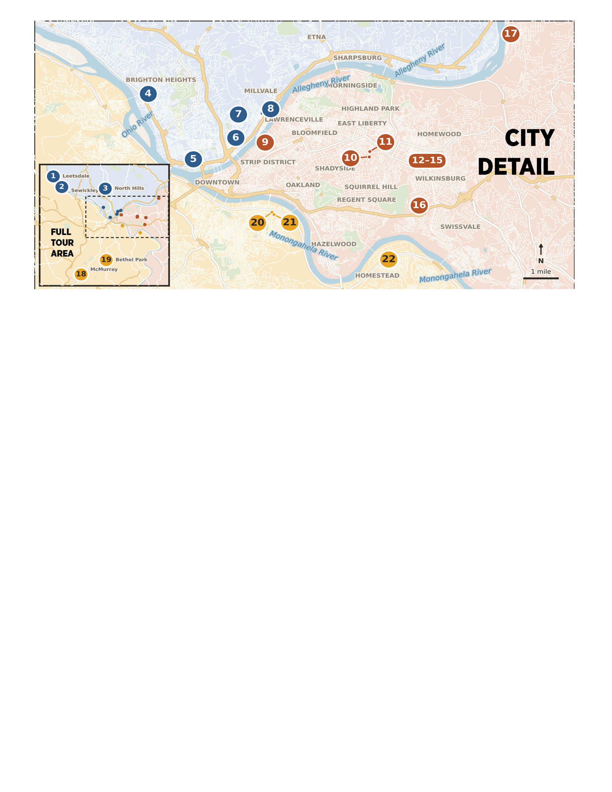 Map of the 22 Pittsburgh Potters Tour 2026 studios, with a full tour area inset and city detail